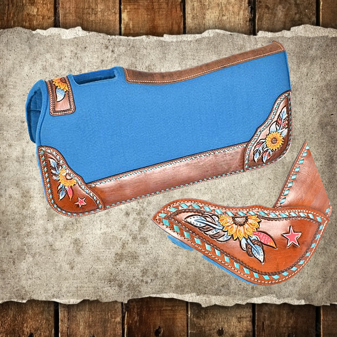 Turqoise Felt Painted Sunflower Saddle Leather Pad
