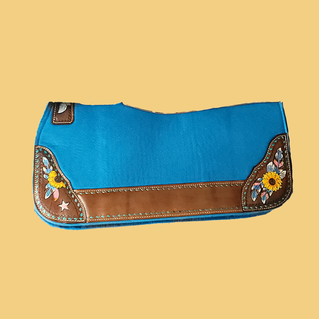 Turqoise Felt Painted Sunflower Saddle Leather Pad