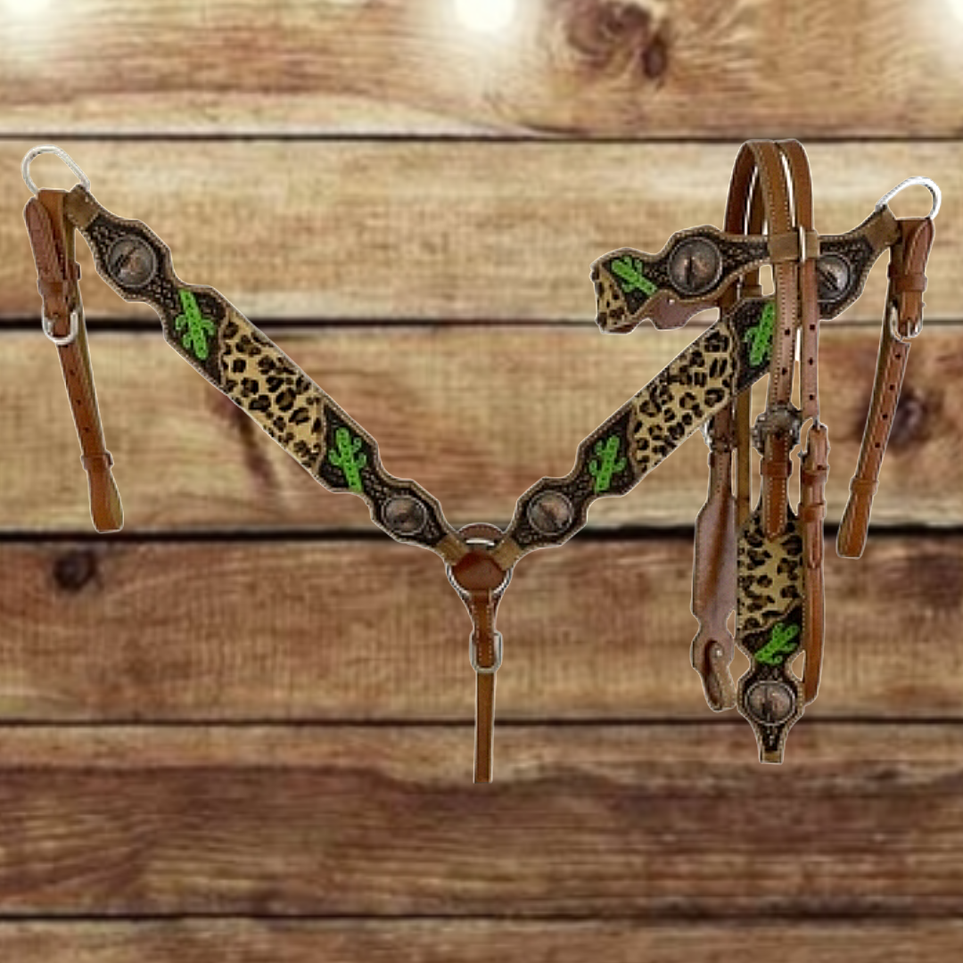 Showman Inlay Headstall, Collar, Reins Set With Cactus Accents