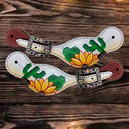 Ladies Sunflower and Cactus Hand Painted Showman Spur Straps