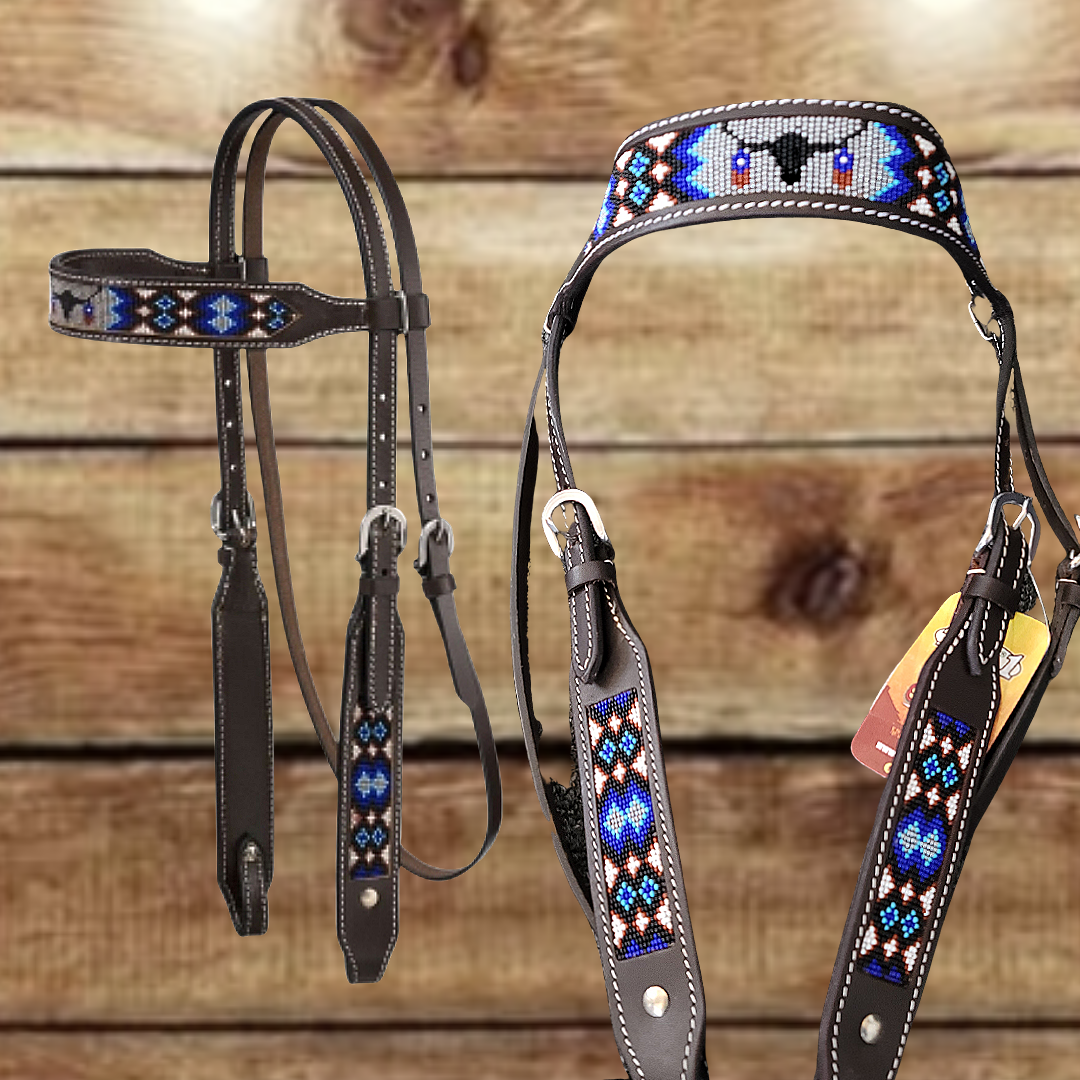 Tough-1 Beaded Longhorn Browband Headstall with Brow and Cheeks